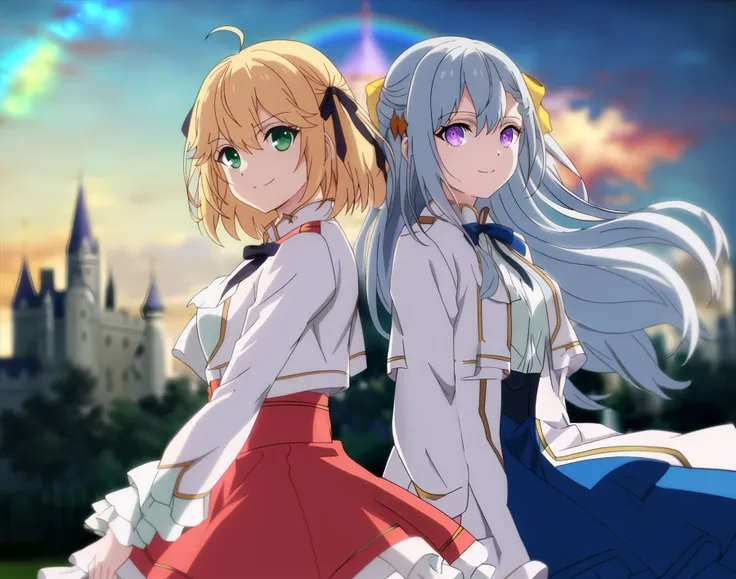 Anisphia; Euphyllia; fanart; eye contact, back to back, short hair, long hair, 
cowboy shot of two girls (holding magic sword),
official art,  dress, cinematic angle, white coat,
fantasy, daylight, castle, colorful blue sky, red dress, blue dress, yellow ribbon, black ribbon
glowing beautiful eyes, cinematic angle