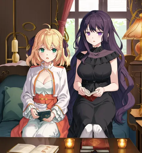 Anisphia; Tilty; fanart; 2girls, dress, indoors, lamps, books, sitting
ultra detailed, blue eyes, reading