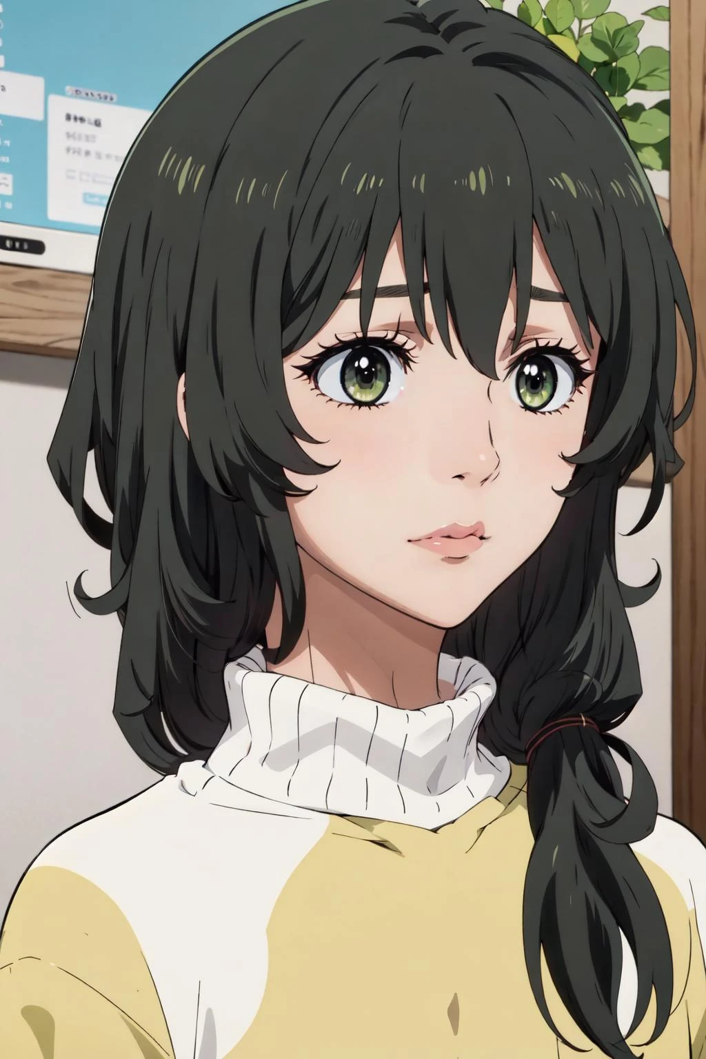 (masterpiece,best quality),animemomhair,1girl,standing,olive colored hair,turtleneck,upper body,portrait, <lora:AnimeMomHair-10:1>