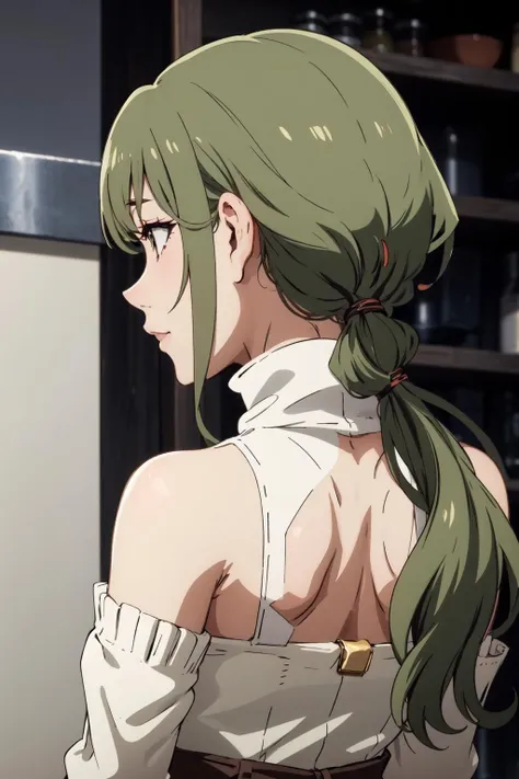 (masterpiece,best quality),animemomhair,1girl,standing,olive colored hair,turtleneck,upper body,((from behind)), <lora:AnimeMomHair-10:1>