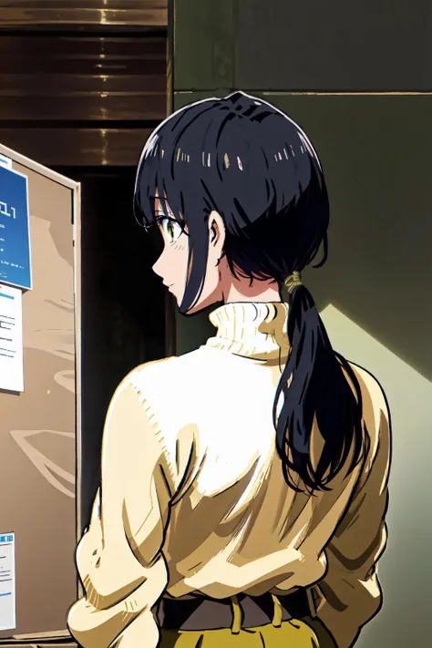 (masterpiece,best quality),animemomhair,1girl,standing,olive colored hair,turtleneck,upper body,((from behind)), <lora:AnimeMomHair-10:1>