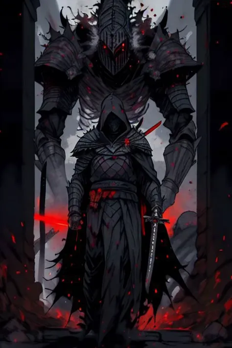 full body warrior of darkness in black cloth armor clad in shadow dark mist has red eyes with a thing red mist running from the side of his eyes upwards masked face wielding a stylized katana angrey look blood stained cape right shoulder on black fire cloth mask revealing angrey eyes, with huge red and black angle wings,
standing behind huge golden gates