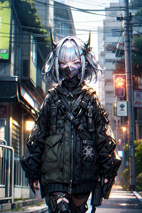 [gothpunk|robot], roblit, 1girl, solo, walking in Harajuku, white eyebrows, glowing hair, (iridescent white hair), earrings, bangs, jewellery, mask, blunt bangs, (iridescent eyes, glowing eyes, green eyes, mouth mask), hair ornament, looking at the viewer, short hair, portrait, sidelocks, <lora:Gothpunk:1>, <lora:Mecharobot:0.8> detailed background, in street
BREAK
outdoors, twilight, raytracing <lora:add_detail:1>