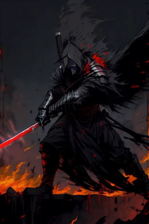 full body warrior of darkness in black cloth armor clad in shadow dark mist has red eyes with a thing red mist running from the side of his eyes upwards masked face wielding a stylized katana angrey look blood stained cape right shoulder on black fire cloth mask revealing angrey eyes, with huge red and black angle wings,
standing behind huge golden gates