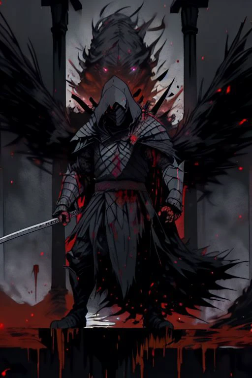 full body warrior of darkness in black cloth armor clad in shadow dark mist has red eyes with a thing red mist running from the side of his eyes upwards masked face wielding a stylized katana angrey look blood stained cape right shoulder on black fire cloth mask revealing angrey eyes, with huge red and black angle wings,
standing behind huge golden gates