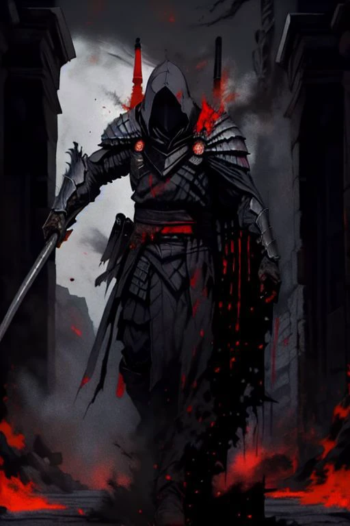 full body warrior of darkness in black cloth armor clad in shadow dark mist has red eyes with a thing red mist running from the side of his eyes upwards masked face wielding a stylized katana angrey look blood stained cape right shoulder on black fire cloth mask revealing angrey eyes, with huge red and black angle wings,
standing behind huge golden gates