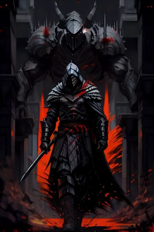 full body warrior of darkness in black cloth armor clad in shadow dark mist has red eyes with a thing red mist running from the side of his eyes upwards masked face wielding a stylized katana angrey look blood stained cape right shoulder on black fire cloth mask revealing angrey eyes, with huge red and black angle wings,
standing behind huge golden gates