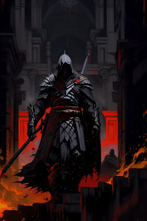 full body warrior of darkness in black cloth armor clad in shadow dark mist has red eyes with a thing red mist running from the side of his eyes upwards masked face wielding a stylized katana angrey look blood stained cape right shoulder on black fire cloth mask revealing angrey eyes, with huge red and black angle wings,
standing behind huge golden gates