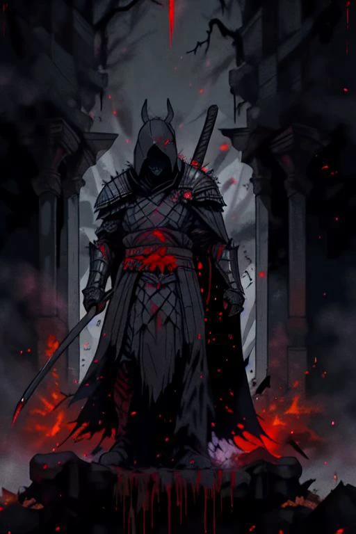 full body warrior of darkness in black cloth armor clad in shadow dark mist has red eyes with a thing red mist running from the side of his eyes upwards masked face wielding a stylized katana angrey look blood stained cape right shoulder on black fire cloth mask revealing angrey eyes, with huge red and black angle wings,
standing behind huge golden gates