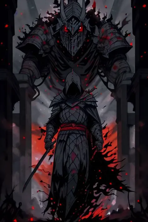 full body warrior of darkness in black cloth armor clad in shadow dark mist has red eyes with a thing red mist running from the side of his eyes upwards masked face wielding a stylized katana angrey look blood stained cape right shoulder on black fire cloth mask revealing angrey eyes, with huge red and black angle wings,
standing behind huge golden gates