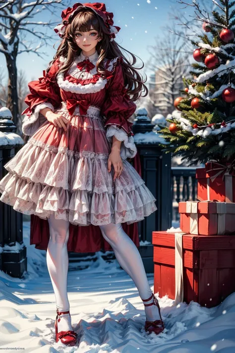 best quality, masterpiece, photorealistic, 1girl, solo, long straight hair, looking at viewer, smile, cyb dress, lace-trimmed dress, layered dress, wide sleeves, bow, red footwear, white pantyhose, outdoors, snow, christmas, christmas tree, christmas ornaments, <lora:christmas_dress_style1_v1:0.7> 
BREAK
outdoors, snowing, raytracing <lora:add_detail:1>