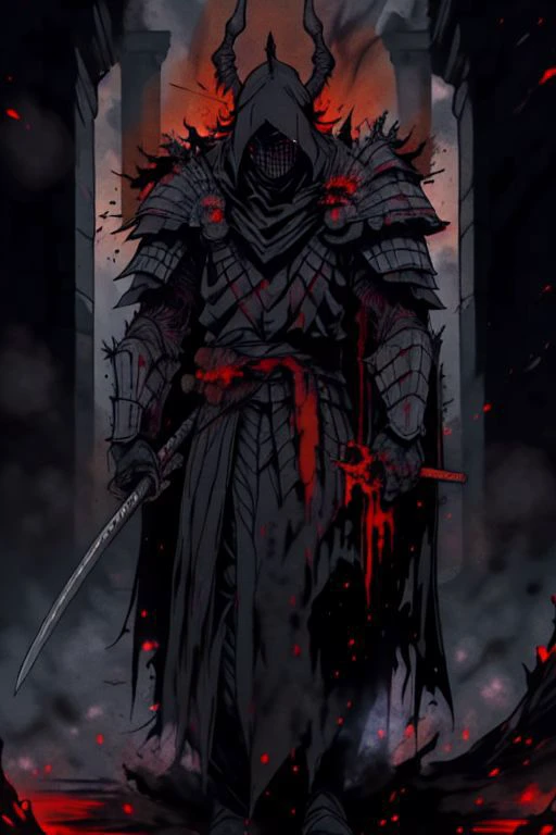 full body warrior of darkness in black cloth armor clad in shadow dark mist has red eyes with a thing red mist running from the side of his eyes upwards masked face wielding a stylized katana angrey look blood stained cape right shoulder on black fire cloth mask revealing angrey eyes, with huge red and black angle wings,
standing behind huge golden gates