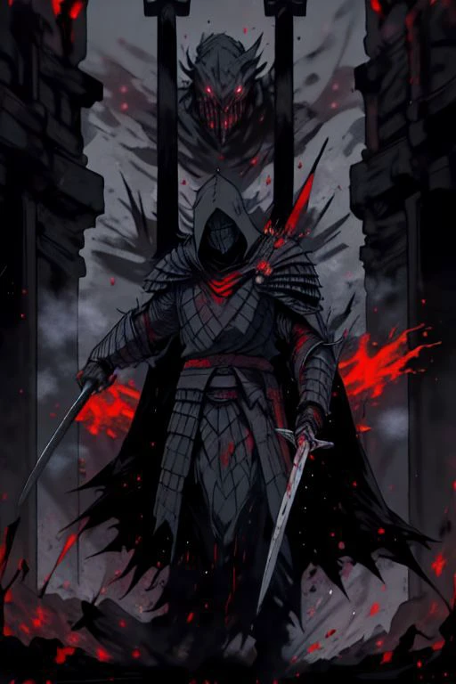 full body warrior of darkness in black cloth armor clad in shadow dark mist has red eyes with a thing red mist running from the side of his eyes upwards masked face wielding a stylized katana angrey look blood stained cape right shoulder on black fire cloth mask revealing angrey eyes, with huge red and black angle wings,
standing behind huge golden gates