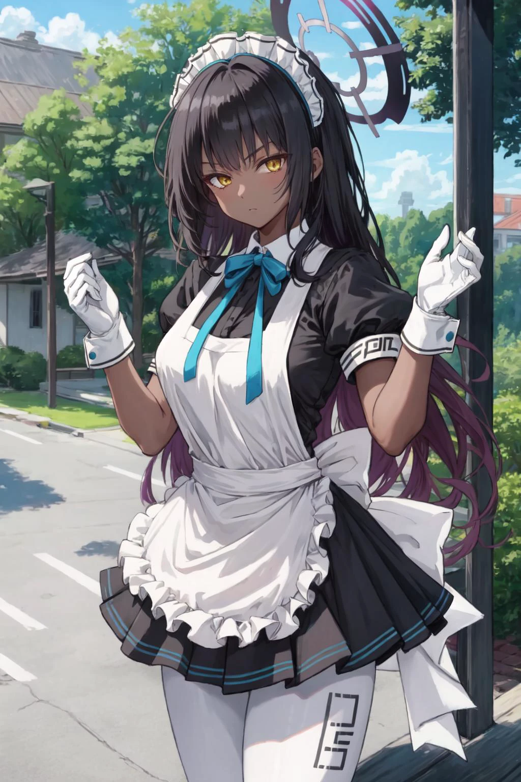 masterpiece, best quality,
cowboy shot, looking at viewer,
expressionless, karin kakudate,
very dark skin, halo,
very long hair,
tattoo,
maid headdress,
black dress,
puffy short sleeves,
blue ribbon,
white apron,
white pantyhose,
white gloves,
black footwear,
outdoors, park,
<lora:karin_kakudate_v1:1>