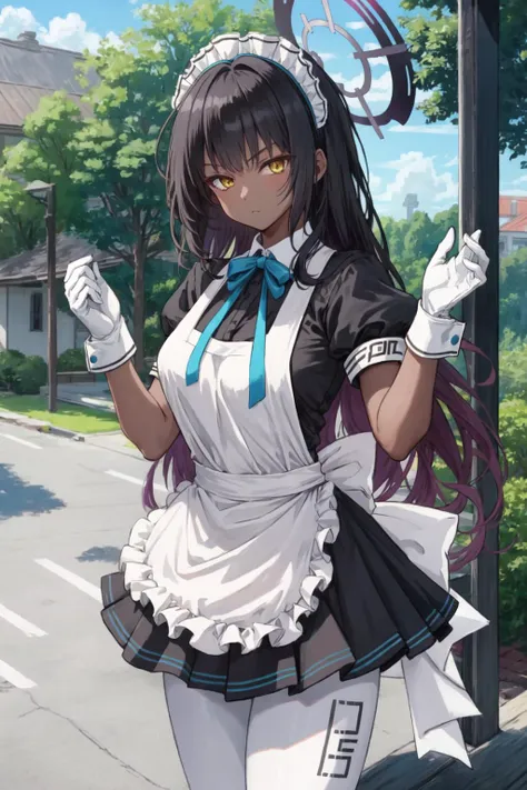 masterpiece, best quality, 
cowboy shot, looking at viewer, 
expressionless, karin kakudate, 
very dark skin, halo, 
very long hair, 
tattoo, 
maid headdress, 
black dress, 
puffy short sleeves, 
blue ribbon, 
white apron, 
white pantyhose, 
white gloves, 
black footwear, 
outdoors, park, 
<lora:karin_kakudate_v1:1>