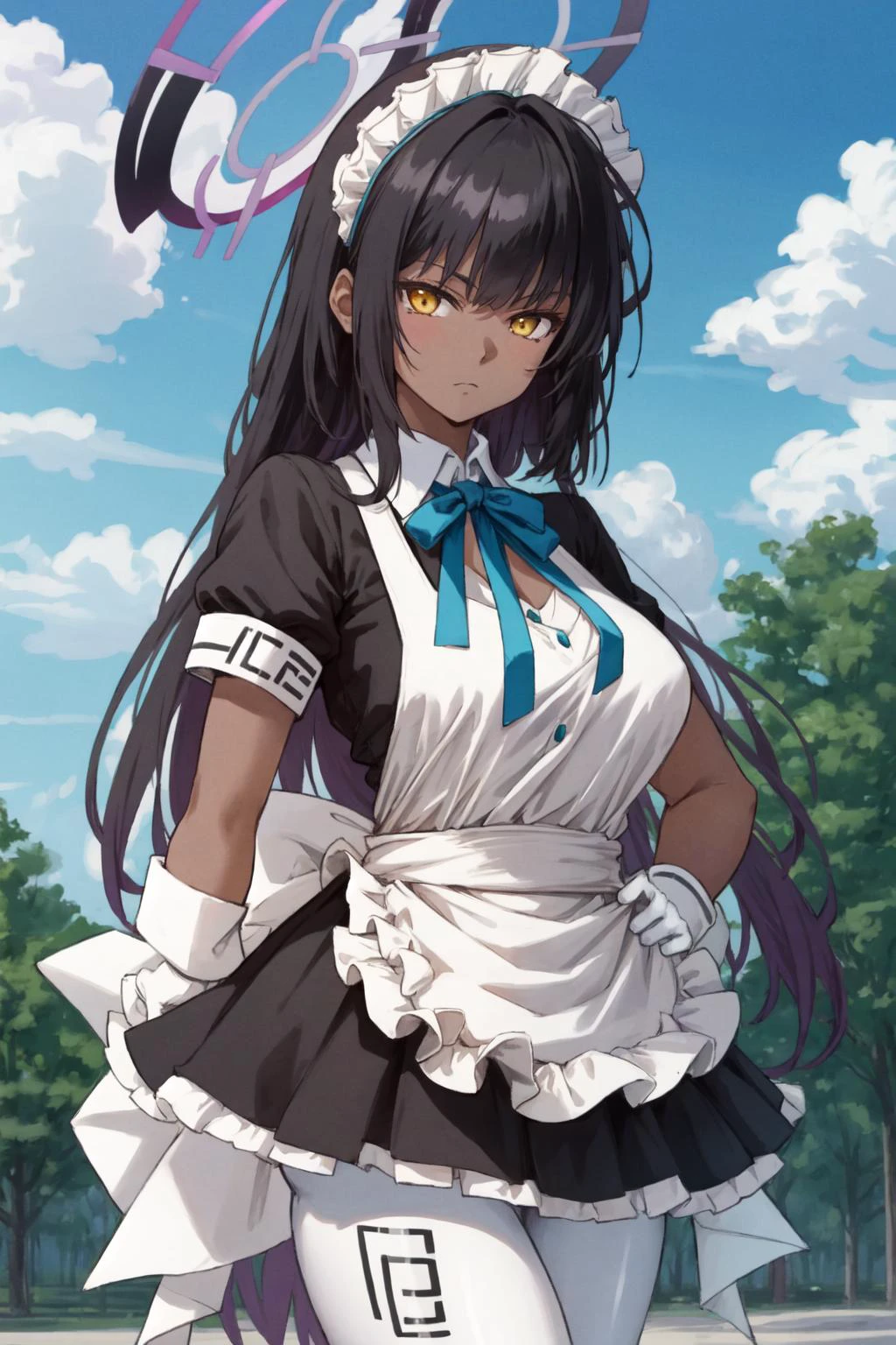 masterpiece, best quality,
cowboy shot, looking at viewer,
expressionless, karin kakudate,
very dark skin, halo,
very long hair,
tattoo,
maid headdress,
black dress,
puffy short sleeves,
blue ribbon,
white apron,
white pantyhose,
white gloves,
black footwear,
outdoors, park,
<lora:karin_kakudate_v1:1.25>