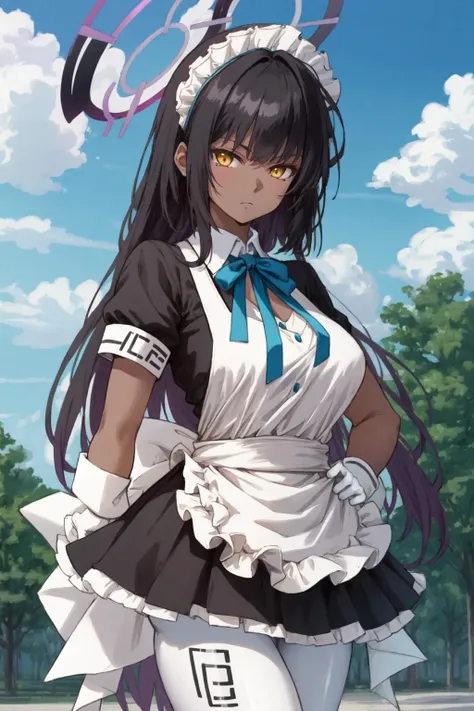 masterpiece, best quality, 
cowboy shot, looking at viewer, 
expressionless, karin kakudate, 
very dark skin, halo, 
very long hair, 
tattoo, 
maid headdress, 
black dress, 
puffy short sleeves, 
blue ribbon, 
white apron, 
white pantyhose, 
white gloves, 
black footwear, 
outdoors, park, 
<lora:karin_kakudate_v1:1.25>