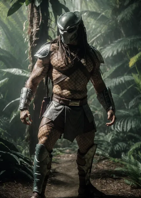 <lora:epi_noiseoffset2, dark studio, rim lighting, two tone lighting:0.3> (full body shot, rim lighting), flash photography,
<lora:yautjav3:0.75> predator, helmet, monster, solo, very long hair, braided hair, male focus, looking at viewer, muscular,
armor, fishnet, shoulder cannon,
<lora:ReaLora:0.45>
<lora:epiCRealismHelper:0.4>
<lora:detail_slider_v4:0.5>
jungle, dense foliage, dust particles, realism,