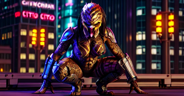 predator, female, crouching, curvy, city rooftop nighttime, nipples, face, hardbody, armor, front view, 16k, masterpiece, analog, facing camera, cinematic lighting, volumetric lighting, vray tracing, unreal engine 5, portait, Canon EOS-1D Mark III, trending on DeviantArt <lora:yautjaPredatorLadiesOf_20:0.6>