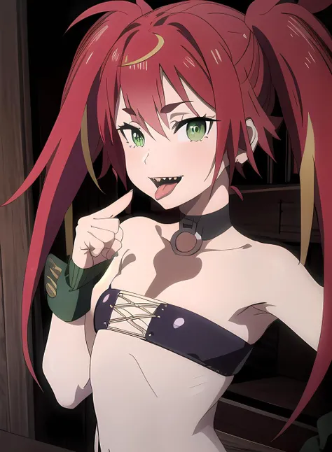 (masterpiece, best quality, intricate details, ultra details, ultra quality, highres, best shadow, best illumination, 4k)<lora:Mizarisa:0.8>, Mizarisa, pointed teeth, tongue out, shows middle finger, small breasts, flat chest, red long hair, pig tails, detailed face, green eyes, black bra with strings, open hotpants, forest background:1.5, detailed background, warm lighting, colorful:1.5