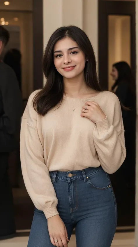 epiCPhoto, MahlunaTI, <lora:Mahluna:0.8>, (long hair), (large beige sweater), jeans, portrait, smile, (small waist), skinny