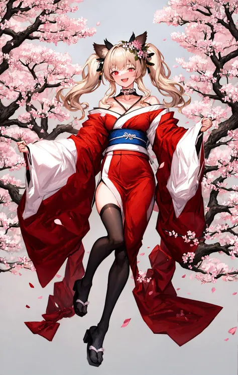 1girl, :d, animal_ears, bangs, bare_shoulders, black_choker, black_footwear, blonde_hair, branch, breasts, cherry_blossoms, choker, cleavage, falling_petals, flower, fox_ears, full_body, grey_background, hair_flower, hair_ornament, high_heels, holding, japanese_clothes, kimono, long_hair, long_sleeves, looking_at_viewer, medium_breasts, obi, off_shoulder, open_mouth, petals, pink_flower, red_eyes, red_kimono, sash, smile, solo, thighhighs, twintails, very_long_hair, white_legwear, wide_sleeves <lora:style_LM7:1>