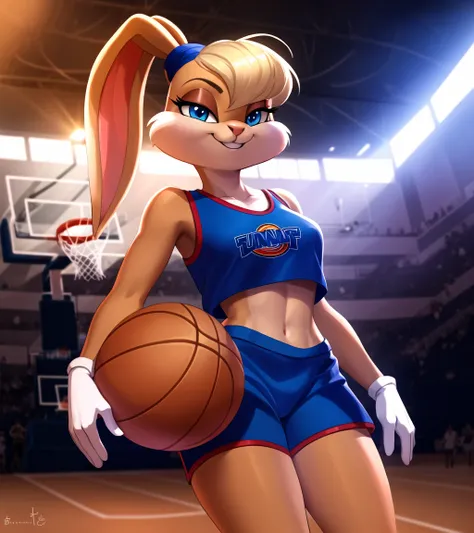 <lora:lola1:0.7>, lola, lola bunny, 1girl, (bucktooth:1.2), solo_focus, four fingers, detailed face, detailed hands, detailed eyes, detailed fur texture, neutral pose, digital painting, smiling, clothed, cinematic light, vibrant colors, intricate eyes, (background is a stadium), (setting is a basket ball game), space jam