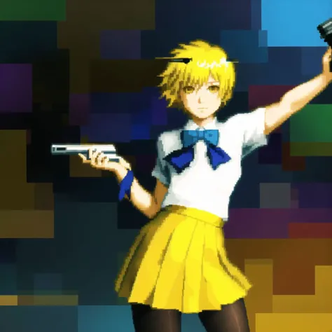 <lora:seleznev_trixel_art:1>, seleznev_trixel_art,  drawing, blur, pixelated, glitch, dithering, blonde hair, blue hair, bowtie, highres, multiple girls, pantyhose, school uniform, short hair, yellow eyes