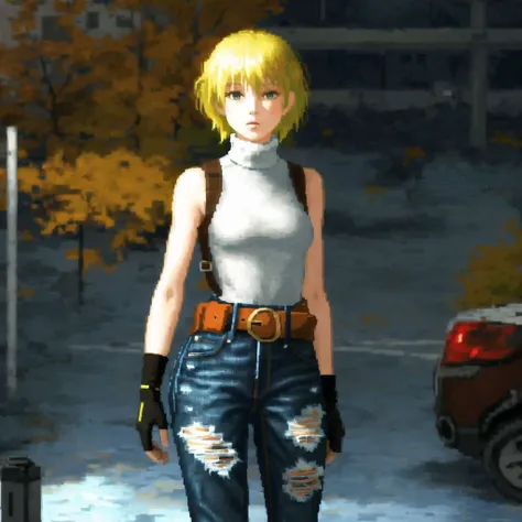 <lora:seleznev_trixel_art:1>, seleznev_trixel_art, drawing, blur, pixelated, glitch, dithering, 1girl, belt, blonde hair, crop top, denim, fingerless gloves, gameplay mechanics, gloves, highres, jeans, jheflow45, loose belt, midriff, pants, short hair, sleeveless, sleeveless turtleneck, turtleneck