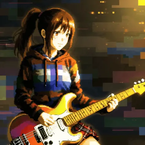 <lora:seleznev_trixel_art:1>, seleznev_trixel_art, drawing, blur, pixelated, glitch, dithering, brown hair, extra, guitar, hood, hoodie, instrument, motion blur, plaid, plaid skirt, ponytail, school uniform, serafuku, skirt, thigh-highs