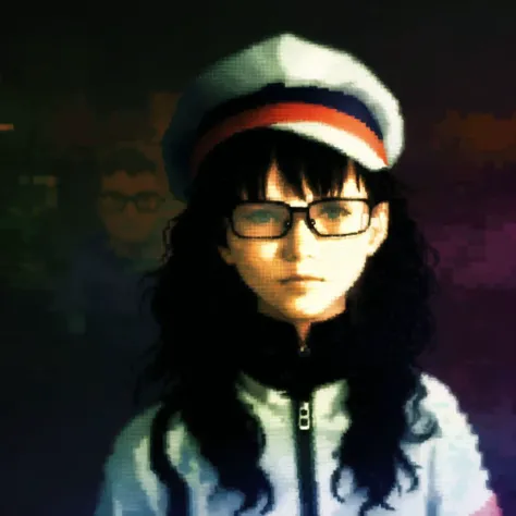 <lora:seleznev_trixel_art:1>, seleznev_trixel_art, drawing, blur, pixelated, glitch, dithering, 1boy, 1girl, black hair, glasses, hat, long hair, short hair