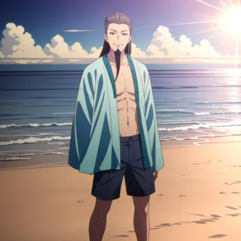 masterpiece,high quality,solo,
<lora:komei001:0.7>,
komei,1man,
shirtless,shorts,ocean,beach,sunshine,