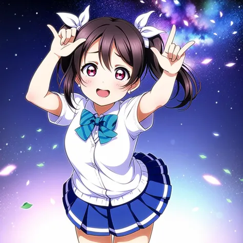 1girl, solo,(best quality),(masterpiece:1.1),blue(school uniform:1.4),dress, looking_at_viewer, neck_ribbon, studio background, cute, clear facial skin, twin tails
