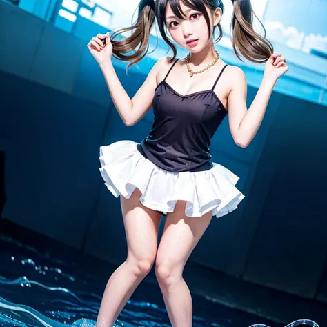 <Ulzzang-6500:0.2>,best quality, wavy hair, ultra high res, 1girl, full body, bare shoulders, half body under water,cinematic angle,(twin tails:1.4), from behind,thigh gap,cleavage,revealing,see-through,professional lighting,thighhighs,sailor collar,necklace,