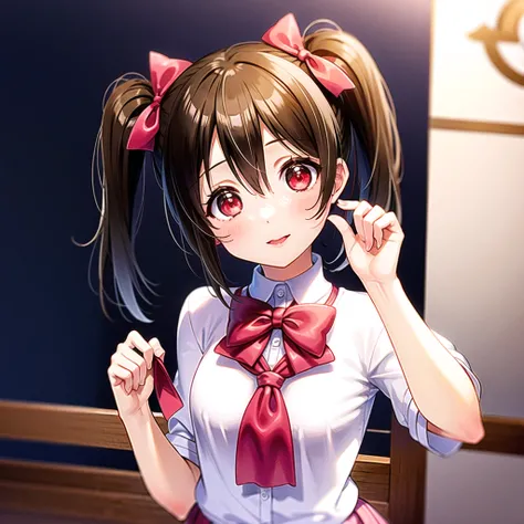 1girl, solo,(best quality),(masterpiece:1.1),(school uniform:1.4),dress, looking_at_viewer, neck_ribbon, cute, clear facial skin, twin tails
