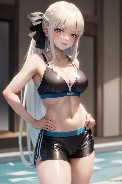 (masterpiece, best quality:1.2), <lora:fate_morganlefay-10:1>, cowboy shot, solo, 1girl, morgan le fay, (shiny skin, wet skin:1.2), sweating, slight smile, looking at viewer, hand on hip, long grey hair, braid, ponytail, hair bow, sports bra, black shorts, cleavage, gymnasium