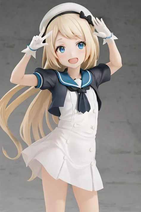 1 girl, (front), (jervis), cute, blonde long hair, white headwear, sailor hat, white sailor dress, one-piece dress, blue sailor collar, neckerchief, (black cropped jacket:1.2), short sleeves, (blue and white line cuff:1.2), white gloves, smile, flat chest, (Salute), (white buttons on skirt),
<lora:popupparade:1> <lora:fufu:0.2> <lora:jervis2_v4:1>