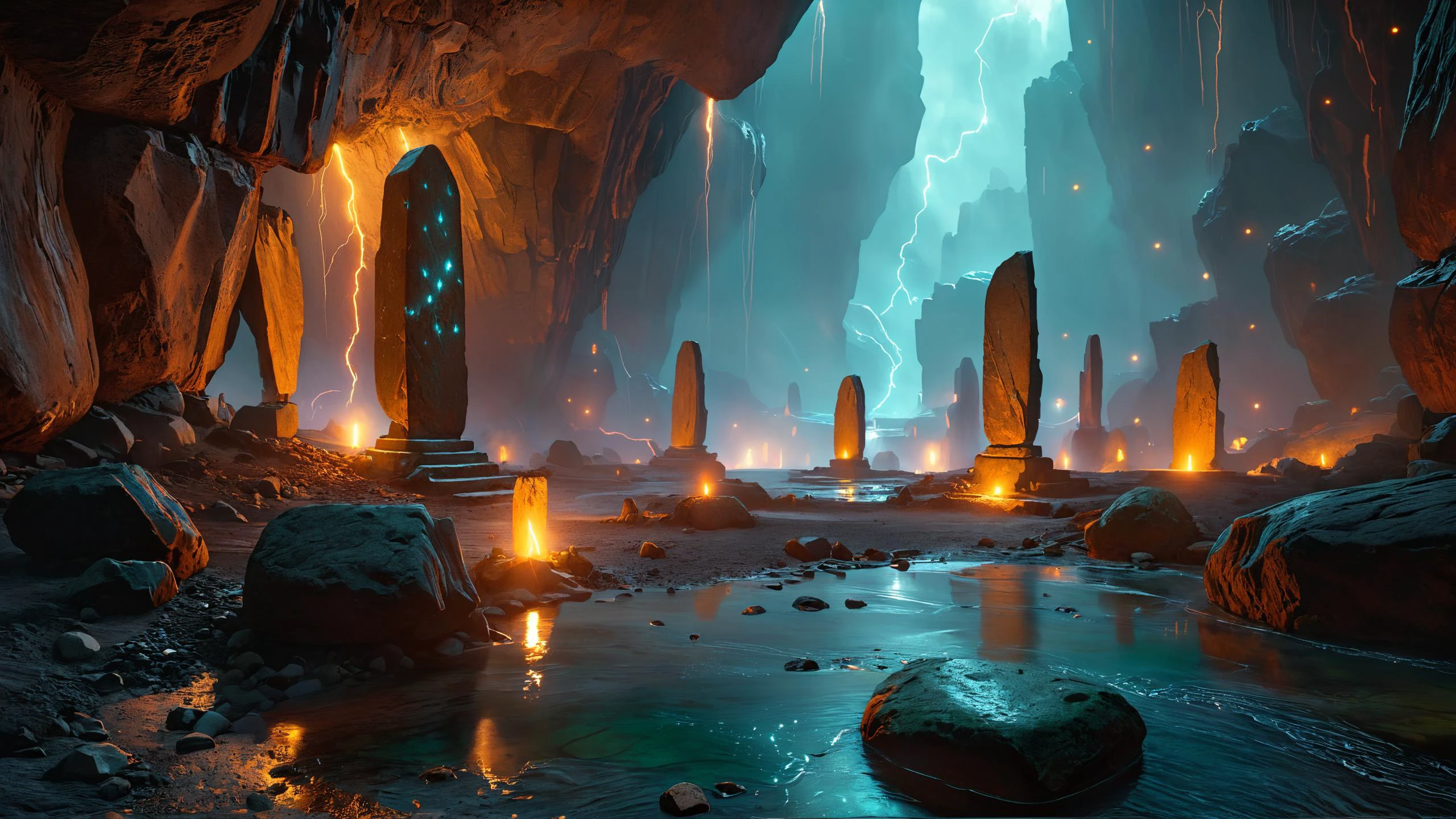 photorealistic detailed digital illustration of a circle of standing stones, 8k, Subterranean rivers flowing through phosphorescent caves in the background,,, glowneon, glowing, sparks, lightning strikes, by Jordan Grimmer and greg rutkowski and alphonse mucha and nekro, trending on artstation <lora:MJ52:0.8> <lora:envy_rough_oil:0.7> <lora:glowneon_xl_v1:0.8>