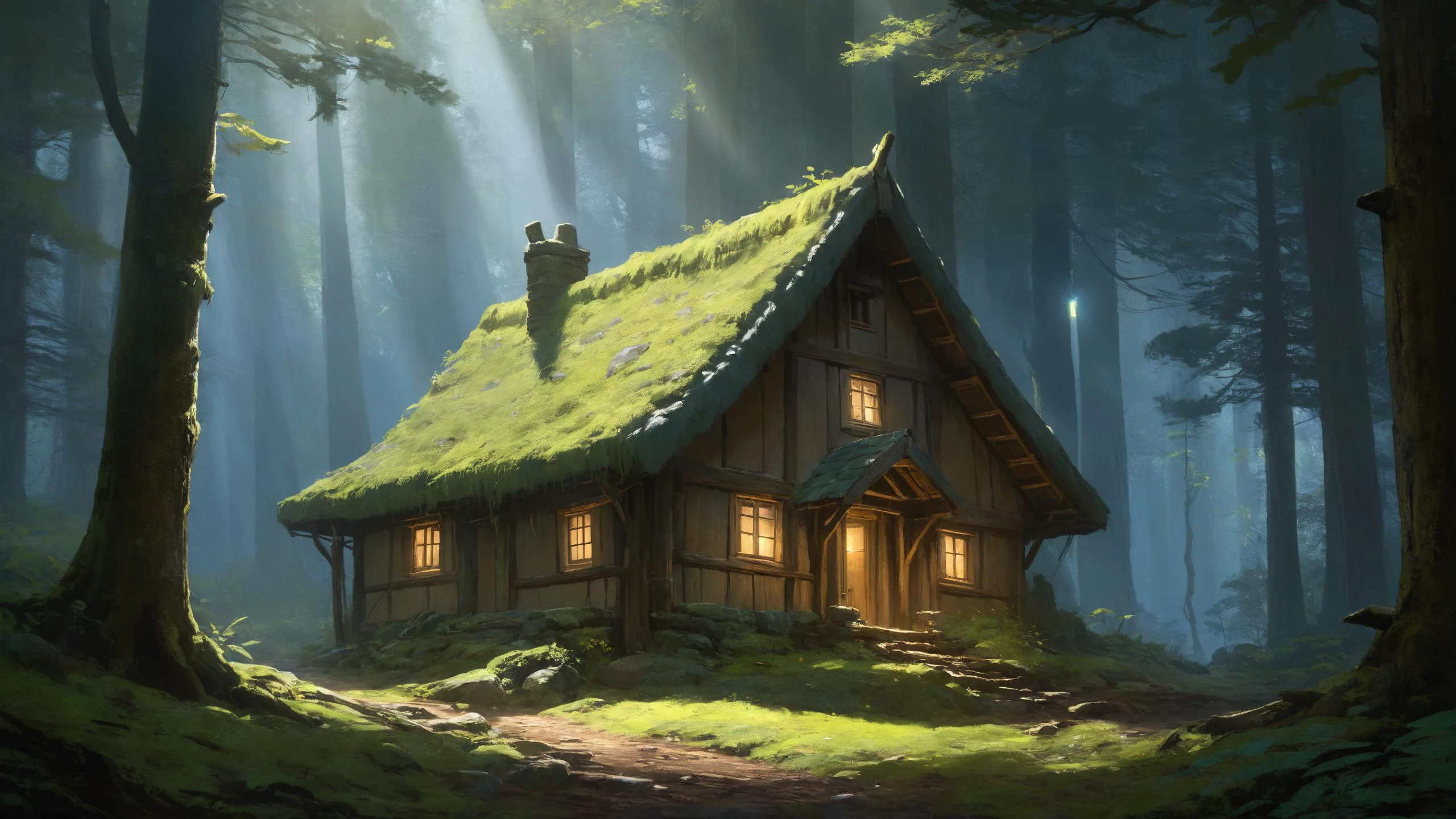 A cozy cottage nestled in an ancient forest, where sunlight filters through the canopy to illuminate a mossy clearing surrounded by towering trees, great lighting, Overcast Light, blacklight makeup, detailed, serene, atmospheric lighting, detailed face, by Mokoto Shinkai, syd meade, and Ruan Jia, concept art, 4k <lora:great_lighting:0.8> <lora:blacklight_makeup_v2:0.7> <lora:envy_rough_oil:0.7>