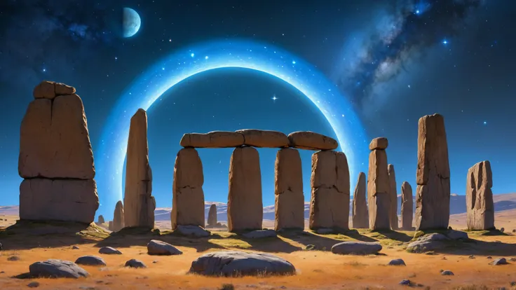 photorealistic detailed digital illustration of a circle of standing stones, 8k, Massive rock arches framing distant starfields in the background, great lighting,, blacklight makeup trending on artstation, intricately detailed, high definition, 16k  <lora:great_lighting:0.8> <lora:envy_rough_oil:0.7> <lora:blacklight_makeup_v2:0.7>