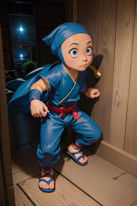 1boy, solo, ninjahattori boy, serious, detail, ninja, sneak in corridor of japan castle, blue costume, sandals, red belt, dim light, epic <lora:ARWNinjaHattori:1>