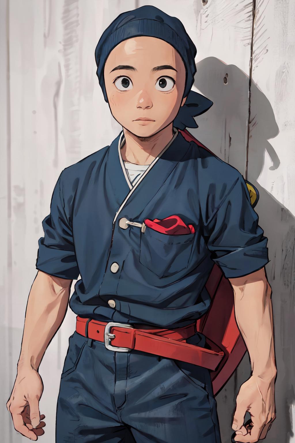 A cartoon image of a man in a blue uniform with a red belt - SeaArt AI