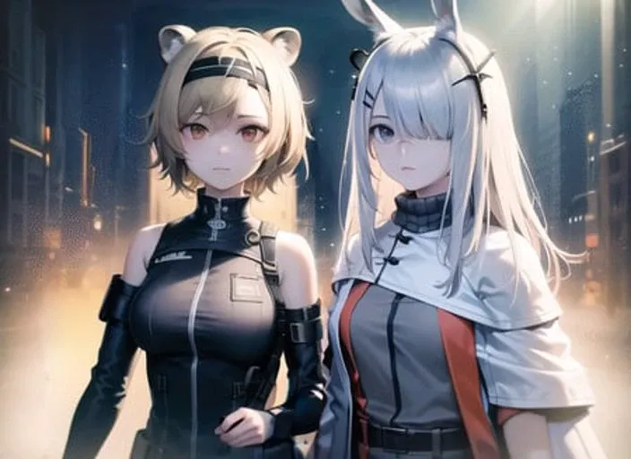 (incredibly absurdres:1.5),masterpiece,best quality,as clear as jewels,(masterpiece), (best quality), highly detailed, extremely detailed CG unity 8k wallpaper,(color_trace),(2girls,shoulders-to-shoulders),((KA-t-3)),expressionless,looking at viewer,cinematic lighting, reality ray tracing, caustics, light particles