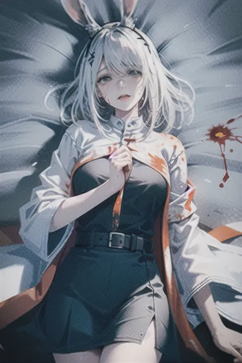 snow, night, white hair, rabbit ears, jewelry, (blood on face:1.2), (blood on clothes:1.3), white skirt, lying on the ground, (streaming tears:1.2),, (RAW photo, best quality, masterpiece:1.2), (realistic, photo-realistic:1.2), professional lighting, photon mapping, radiosity, physically-based rendering, pureerosface_v1,