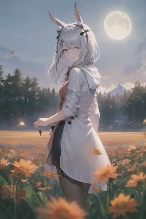 <lora:ArknightsFrostnova_v10:1>,1 girl,backlight,moonlight,flower field, smile,FrostNova,in the back, look back,snowberg