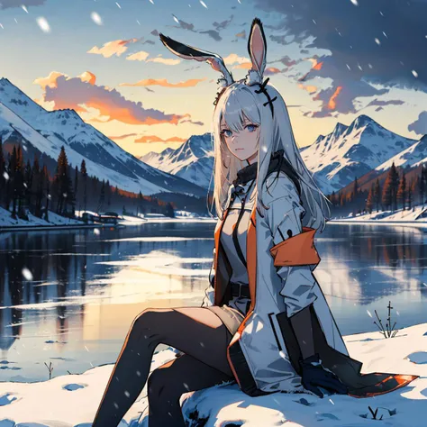masterpiece, best quality, highly detailed,1girl,frostnova ,white rabbit ears,jacket,,long hair,,hairy,outdoors,scenery,sitting,,crossed legs,snowing,lake,mountain,cloudy sky, <lora:ArknightsFrostnova_v10:0.9> ,,, masterpiece, best quality,