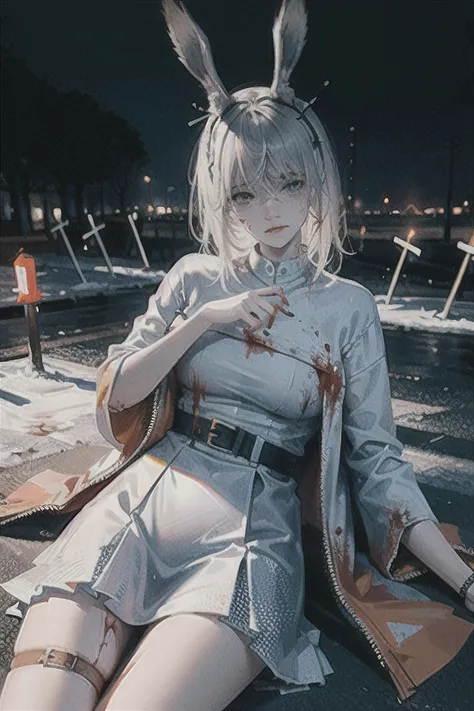 snow, night, white hair, rabbit ears, jewelry, (blood on face:1.2), (blood on clothes:1.3), white skirt, lying on the ground, (streaming tears:1.2),, (RAW photo, best quality, masterpiece:1.2), (realistic, photo-realistic:1.2), professional lighting, photon mapping, radiosity, physically-based rendering, pureerosface_v1,