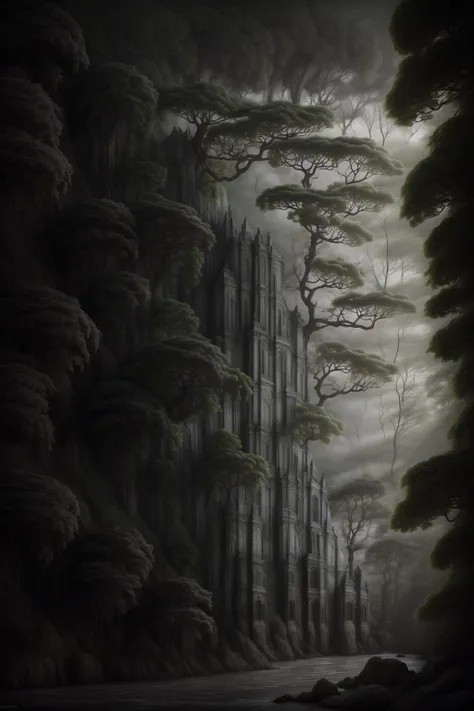 limestone rococo castle, moonstone barbicans, sphinx, An ancient forest shrouded in mist, where the branches of the trees intertwine like the ribs of a cathedral in the sky, JAPANESE WABI SABI STYLE, QUIXEL MEGASCANS RENDER, OCTANE RENDER <lora:xsarchitectural_8japanwabisabi:1>