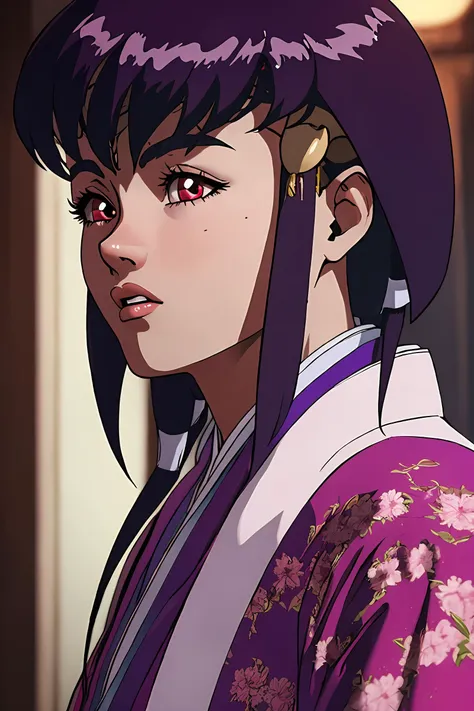 photorealistic, octane render, best quality, sharp focus, 8k, 4k, Masterpiece, Best Quality, realistic skin texture, extremely detailed, intricate, hyper detailed, illustration, soft lighting, high resolution, sharp detail,, girl,<lora:AyekaMasakiJurai:0.8> ayeka, purple hair, red eyes, obi, japanese clothes,