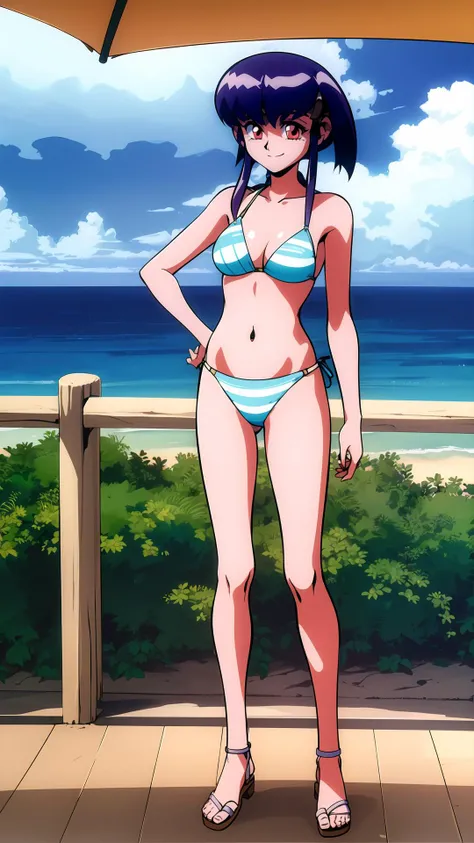 masterpiece, 1girl, ayeka, standing, swimsuit, twintails, purple hair, smile, red eyes, highly detailed, ocean, beach, sand, sky, clouds
